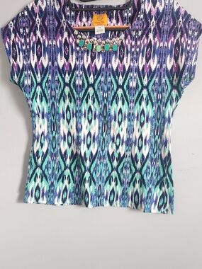 Ruby Rd. Beaded Neck Ikat Shell Top - Navy, Teal & Purple